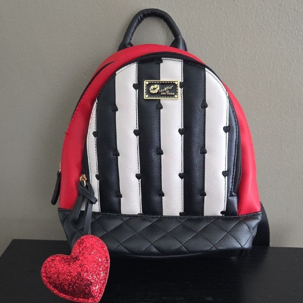 Betsey Johnson Black and White Striped Backpack with Red Accent